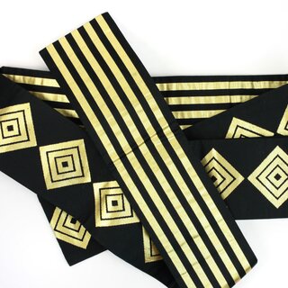 Kimonogürtel Obi schwarz mit Rauten/Streifen in Gold
