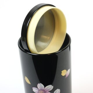Teedose Maki-E Kirschbl�ten schwarz, 15,3 cm hoch, handbemalt